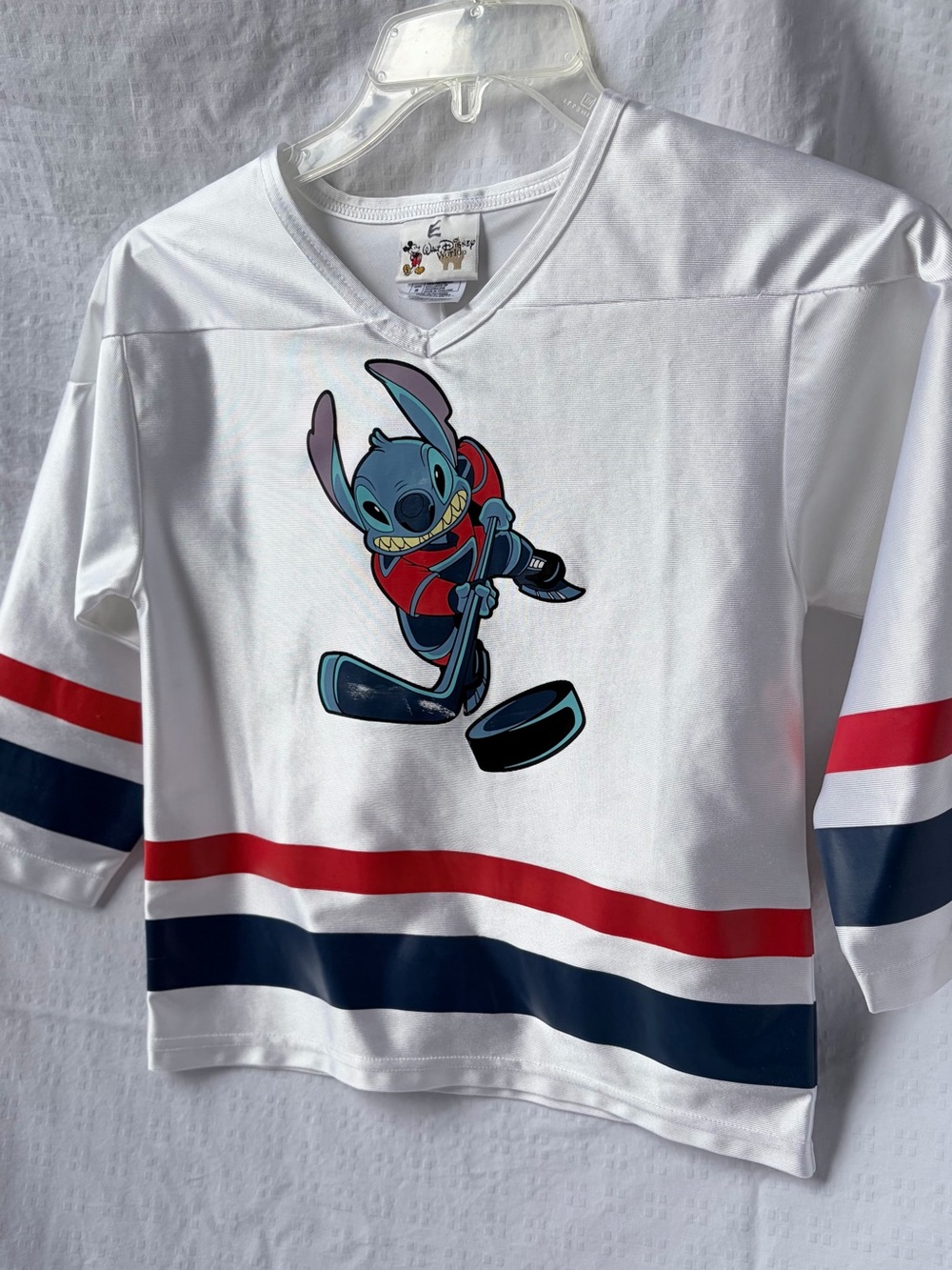 Disney White Kids Hockey Jersey with Stitch Graphic and Red & Navy Stripes